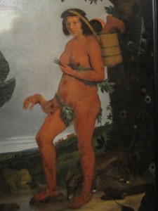Mulher tapuia retratada por Eckhout como selvagem, carregando parte de corpos